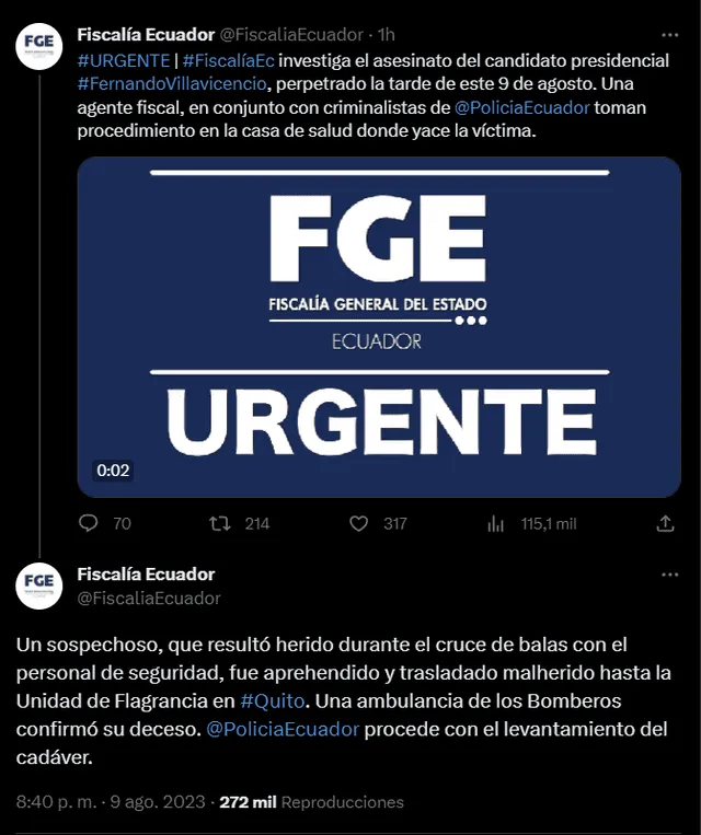  Así informó la Fiscalía de Ecuador la captura del sospechoso quien falleció en la Fiscalía. Foto: @FiscaliaEcuador/Twitter    