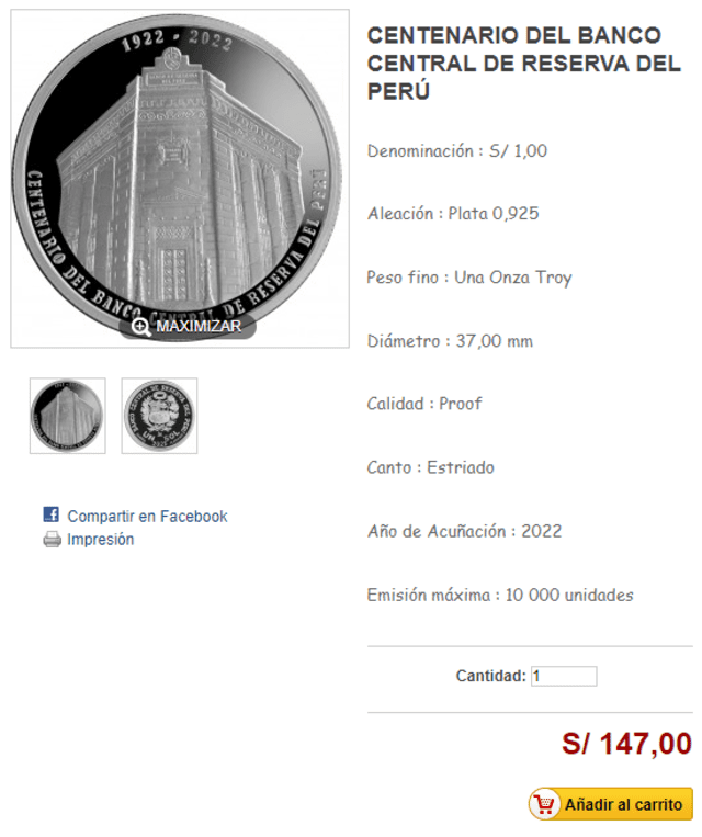 La moneda de la institución actualmente se encuentra disponible para venta. Foto: captura de BCRP   