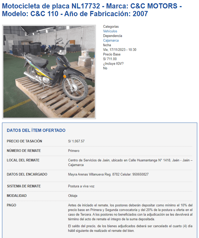 Artículo en venta dentro de los remates de tributos internos de la Sunat. Foto: captura de pantalla Artículo en venta dentro de los remates de tributos internos de la Sunat. Foto: captura de pantalla