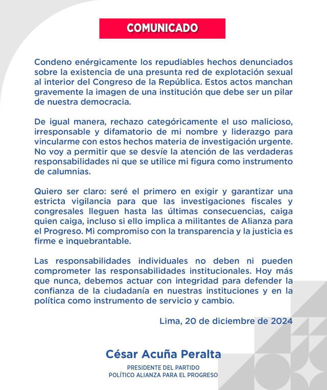  Comunicado publicado por César Acuña sobre la presunta red de prostitución en el Congreso | Fuente: X/César Acuña    