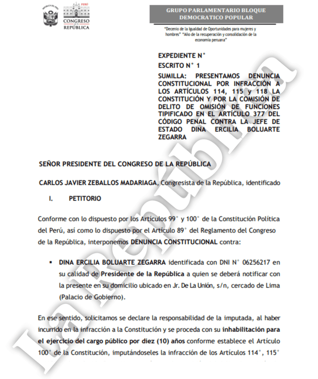 Documento de denuncia constitucional contra Dina Boluarte por omisión de funciones e infracción a la Constitución.