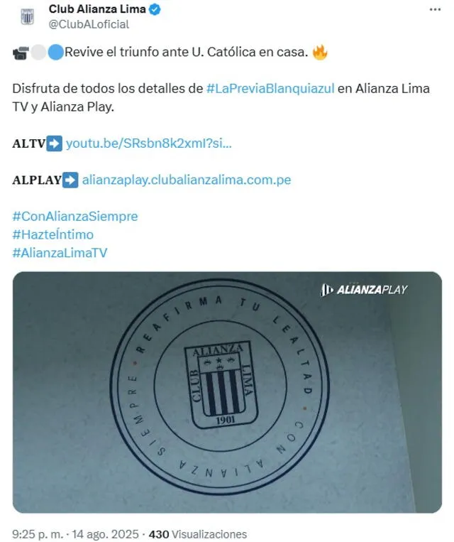 El club íntimo le recordó a sus hinchas la victoria sobre U. Católica. Foto: captura de Alianza Lima/X   