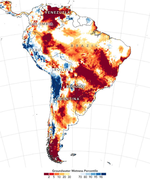 Percentil de humedad del agua subterránea de América del Sur. Las partes rojas y naranjas tienen menos agua de lo habitual| Foto: earthobservatory.nasa.gov