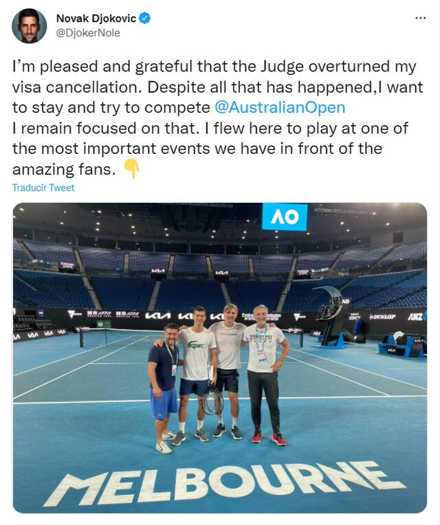 El mensaje de Novak Djokovic luego de ser liberado por el Gobierno de Australia. Foto: captura Twitter