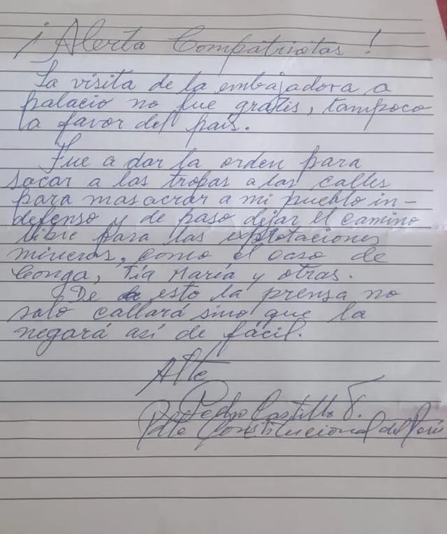 carta de Pedro Castillo