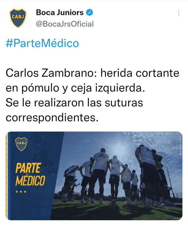 Boca Juniors publicó el parte medico de Zambrano tras sus cortes en los entrenamientos. Foto: Twitter.