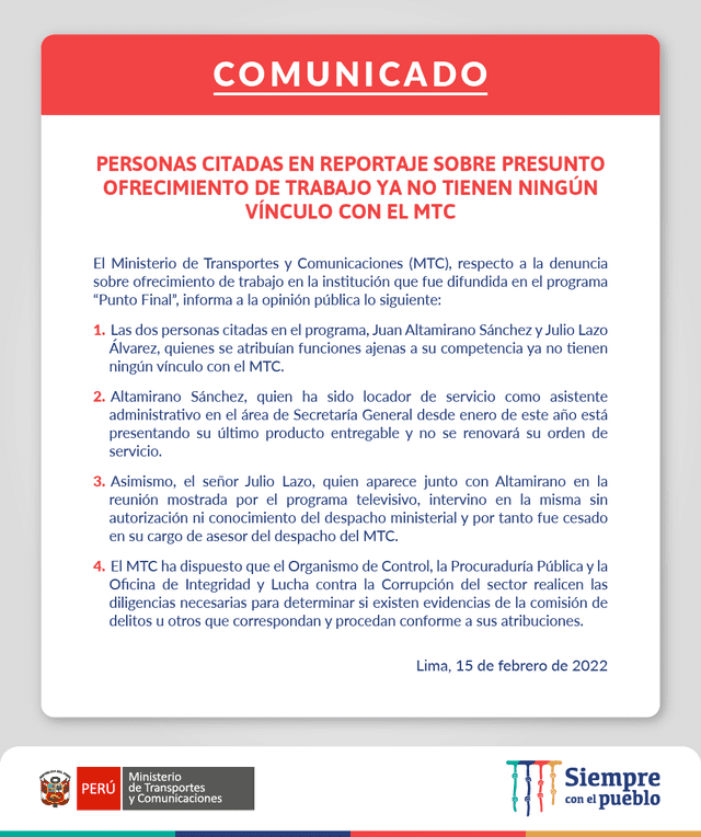 Comunicado MTC. Foto: Twitter