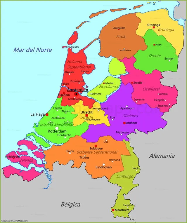 Países Bajos está conformado por cuatro países y 12 provincias, que incluyen a Holanda del Norte y Holanda del Sur.