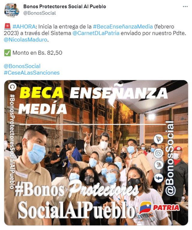  El pago del Bono Beca Enseñanza Media inició HOY el 15 de febrero. Foto: @BonosSocial / Twitter   