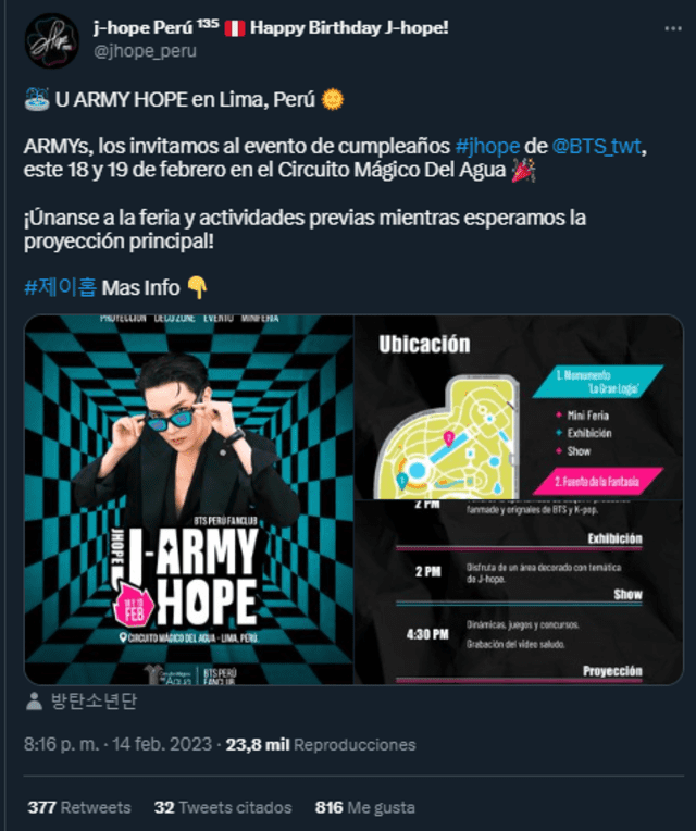  Proyecto en Lima por el cumpleaños de J-Hope, integrante de BTS. Foto: captura de Twitter/@jhope_peru 