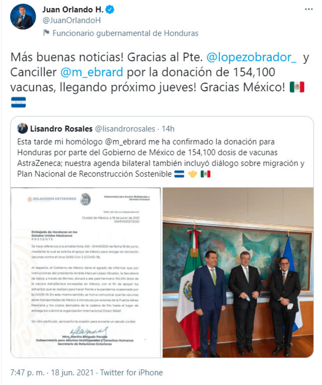 Tuit del presidente Juan Orlando Hernández. Foto: Captura de Twitter