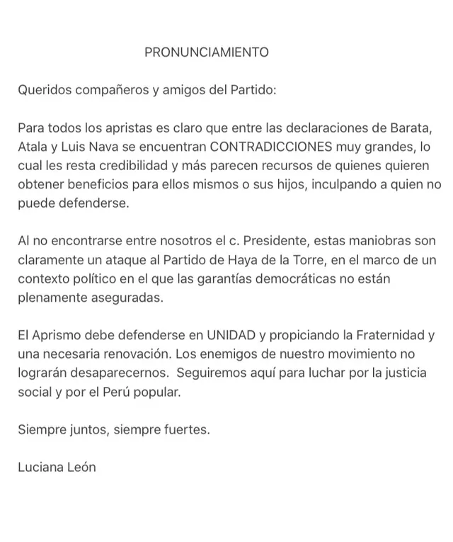 Pronunciamiento de Luciana León.