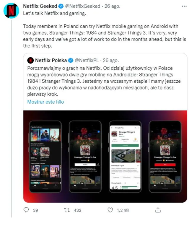 Este es el tweet a través del cual Netflix anunció el lanzamiento de sus primeros dos juegos. Foto: Captura