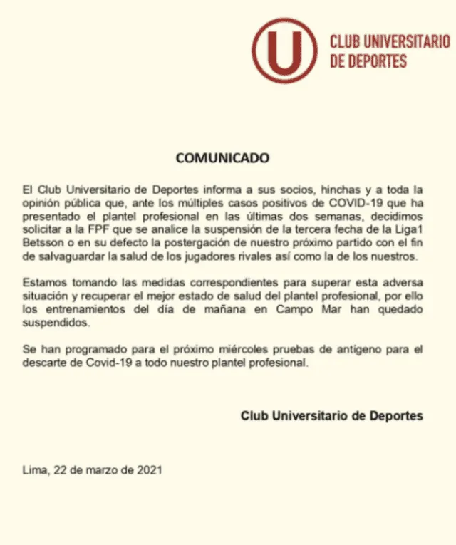 Comunicado de Universitario de Deportes.
