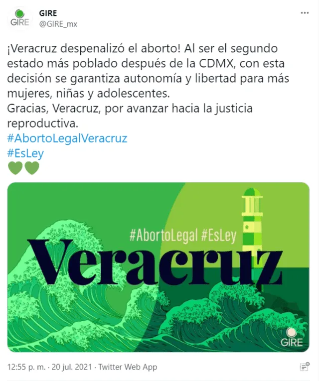 "Gracias, Veracruz, por avanzar hacia la justicia reproductiva", expresó la organización feminista. Foto: captura