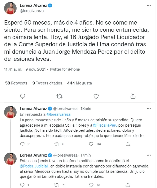 Lorena Álvarez celebra condena a su expareja Juan Mendoza. Foto: Lorena Álvarez/Twitter
