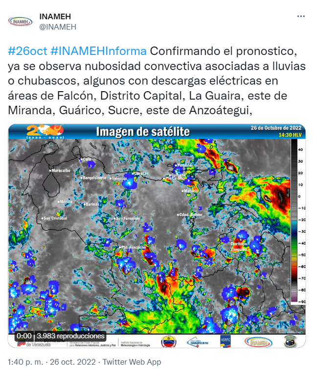 El INAMEH confirmó el pronóstico de la llegada de la Onda Tropical 47. Foto: Twitter/ captura