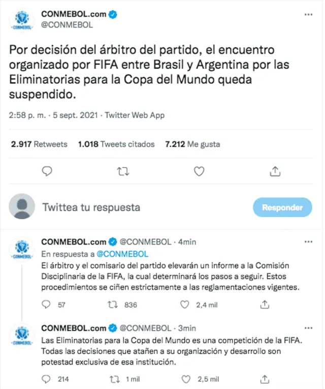 Conmebol anunció la suspensión del duelo entre Brasil y Argentina. Foto: captura twitter Conmebol