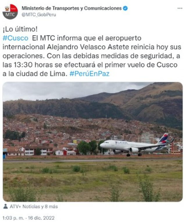 Aeropuerto de Cusco volverá a operar luego de las protestas en Perú. Foto: Twitter/MTC