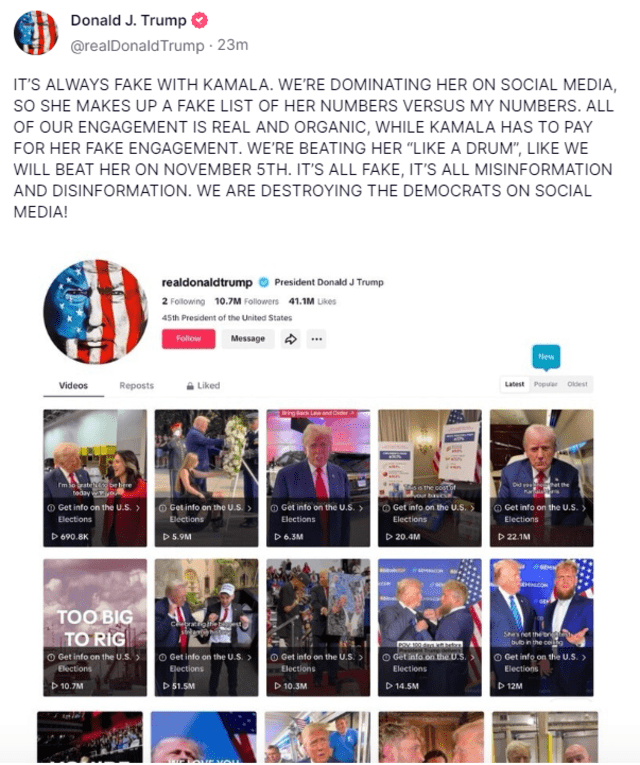  Donald Trump decidió atacar a Kamala Harris en sus redes sociales. Foto: Captura de pantalla de la cuenta de Truth Social de Trump.    