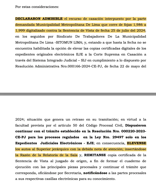 Sala Laboral admite casación presentada por la MML y eleva el expediente a la Corte Suprema. 