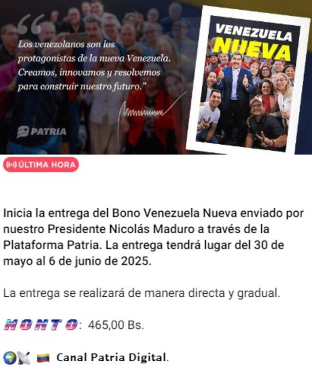 Anuncio del Segundo Bono Especial de mayo 2025. Foto: Canal Patria Digital Anuncio del Segundo Bono Especial de mayo 2025. Foto: Canal Patria Digital