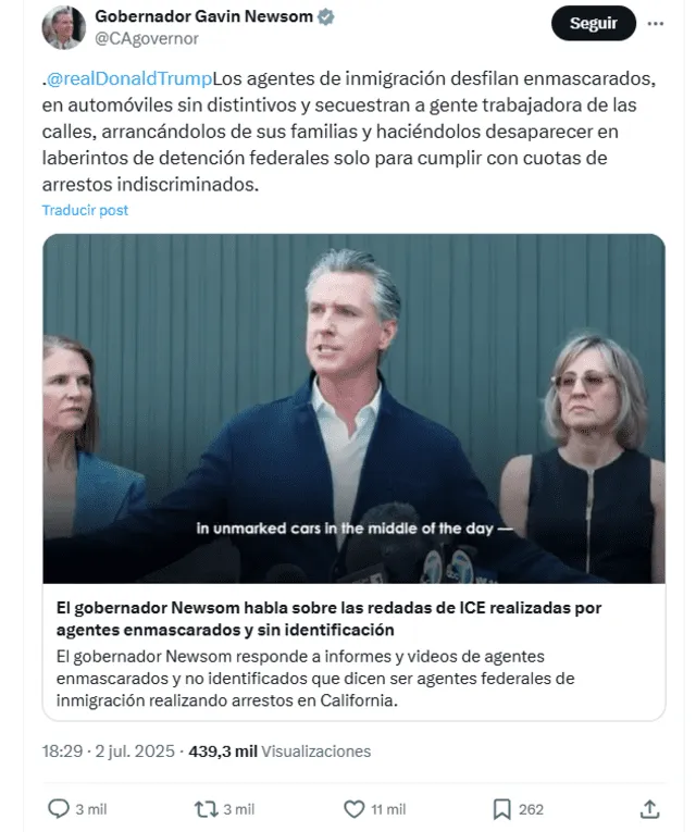 Gavin Newsom crítica directamente a los agentes del ICE y Donald Trump. Fuente: X Gavin Newsom crítica directamente a los agentes del ICE y Donald Trump. Fuente: X