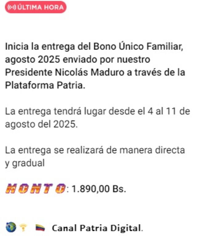 Anuncio del Bono Único Familiar de agosto 2025. Foto: Canal Patria Digital   