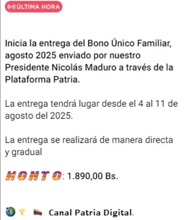 Anuncio del Bono Único Familiar de agosto 2025. Foto: Canal Patria Digital   