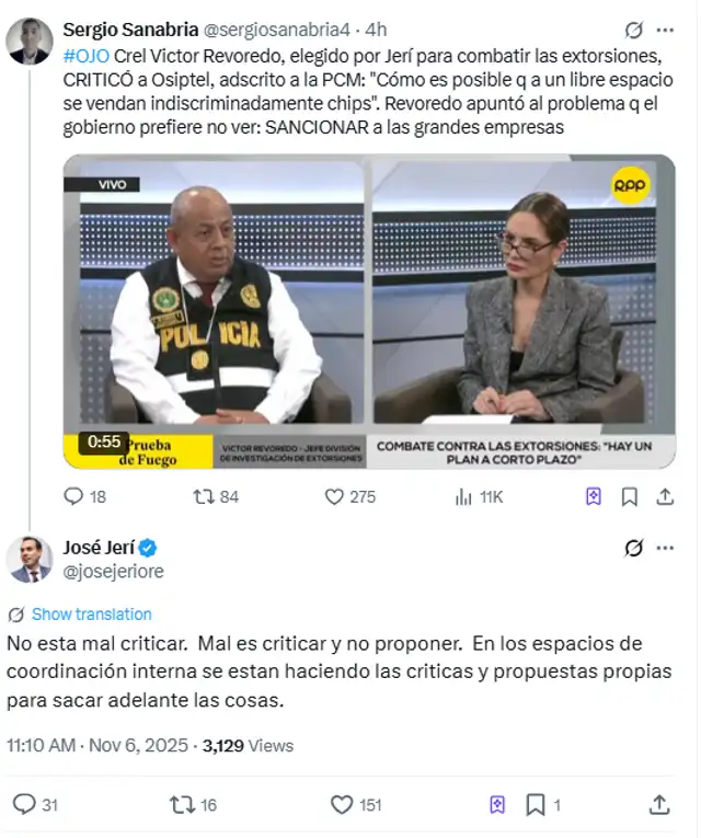 José Jerí usó su cuenta de X para contestarle a Revoredo.   