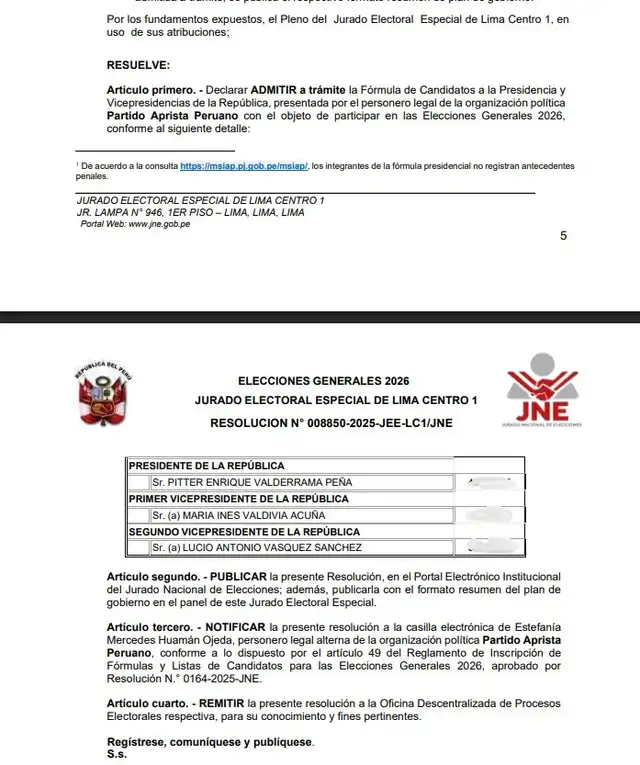  JNE admite lista presidencial del APRA. Foto: difusión<br>   