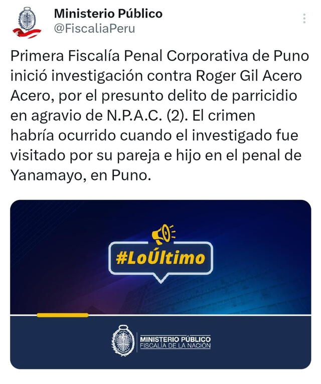  Ministerio Público usó su cuenta de Twitter para informar formalmente que se abrió la investigación contra Roger Gil Acero Acero. Foto: captura de pantalla   