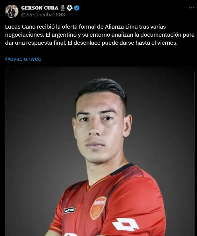  Lucas Cano jugaría en Alianza Lima en 2025. Foto: captura de X/Gerson Cuba   