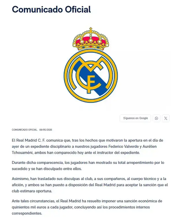 Comunicado del Real Madrid tras la pelea de sus jugadores. Foto: Real Madrid Comunicado del Real Madrid tras la pelea de sus jugadores. Foto: Real Madrid