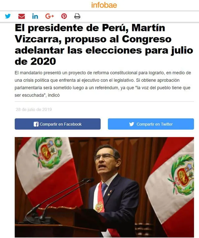 El portal Infobae informa sobre la reforma propuesta por el gobierno del presidente Vizcarra. Foto: captura