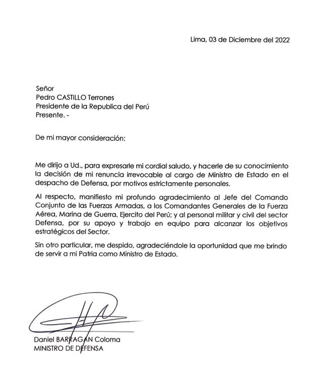 Carta de renuncia del ministro de Defensa, Daniel Barragán