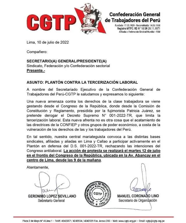 Convocatoria a plantón frente al Congreso. Fuente: CGTP