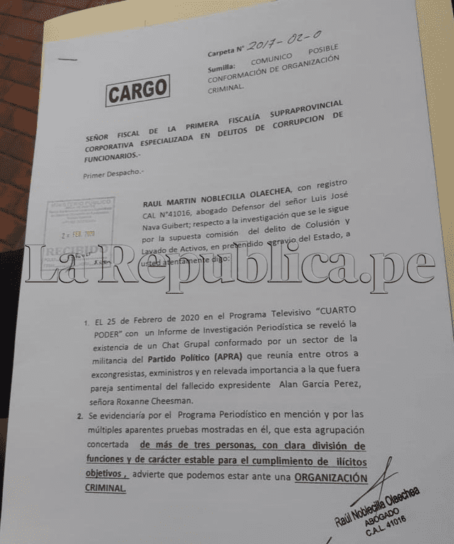 Documento entregado por el abogado de Nava Guibert.
