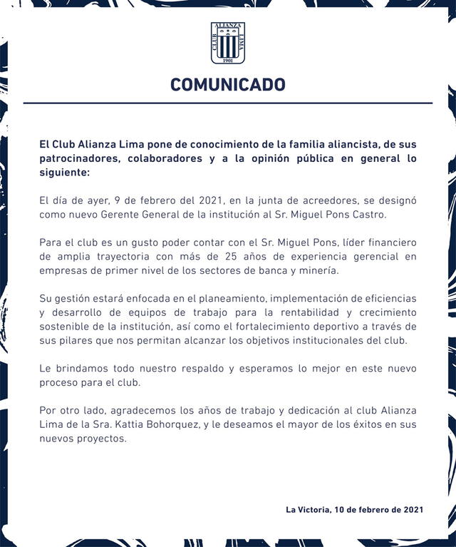 Comunicado de Alianza Lima.