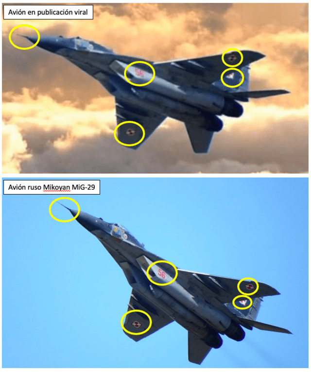 Comparación entre la foto viral y el avión Mikoyan MiG-29. Fuente: Captura LR, Facebook, Pixabay.