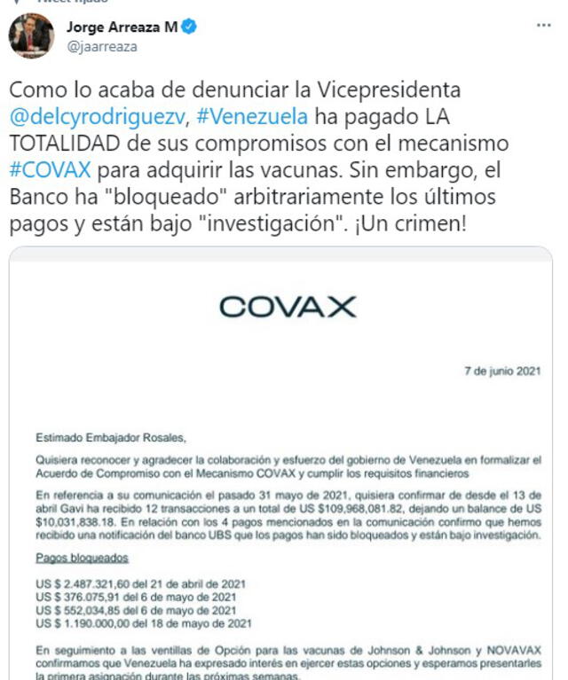 Tuit del canciller de Venezuela sobre el supuesto bloqueo de un  pago que hizo Venezuela para la adquisición de vacunas anti-COVID-19. Foto: captura Twitter
