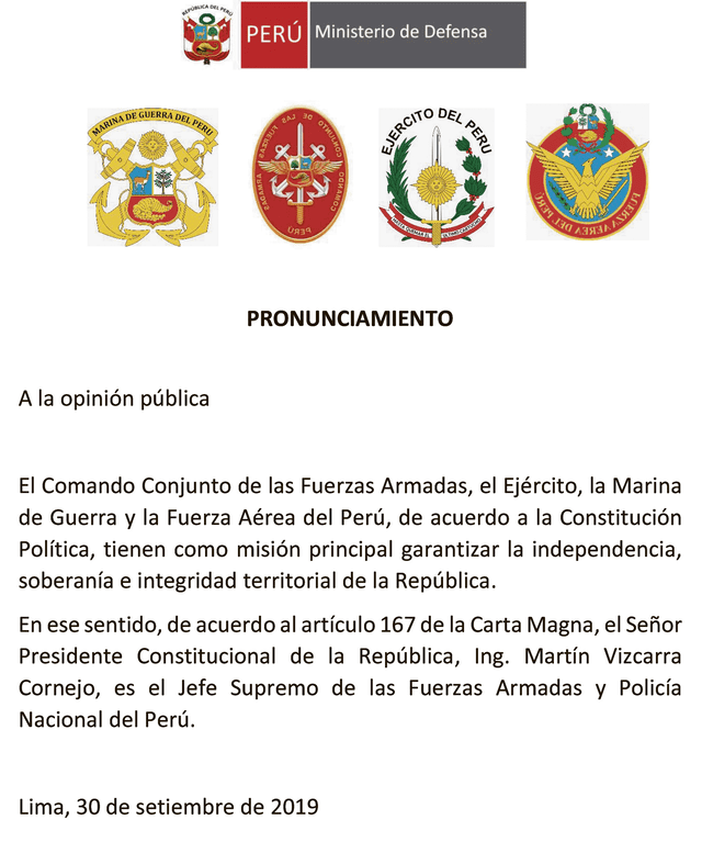 Los militares decidieron ayer expresar su apoyo y lealtad al presidente Martín Vizcarra. También lo hizo en el mismo sentido la Policía Nacional.