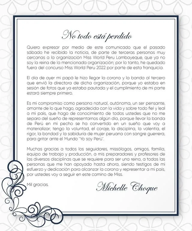 4.9.2022 | Publicación de Michelle Choque explicando su salida del Miss World Perú. Foto: Michelle Choque/Instagram