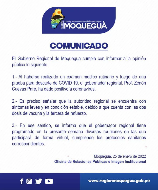 Gobernador de Moquegua, Zenón Cuevas, dio positivo a la COVID-19 por segunda vez