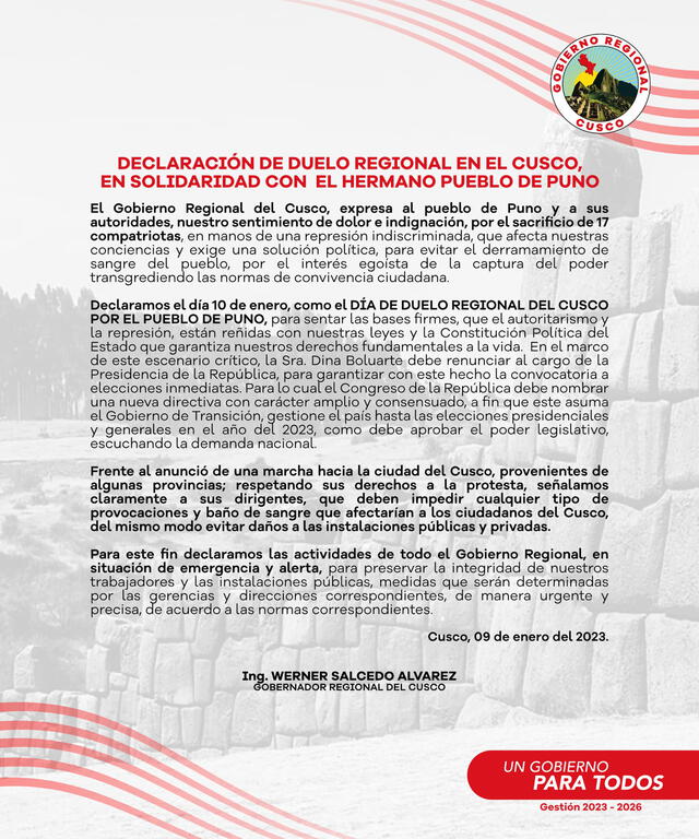 Pronunciamiento del Gobierno Regional de Cusco