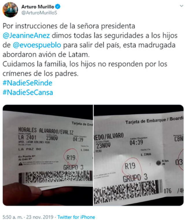 El ministro de Gobierno, Arturo Murillo, se refirió al caso en Twitter. Foto: captura de pantalla