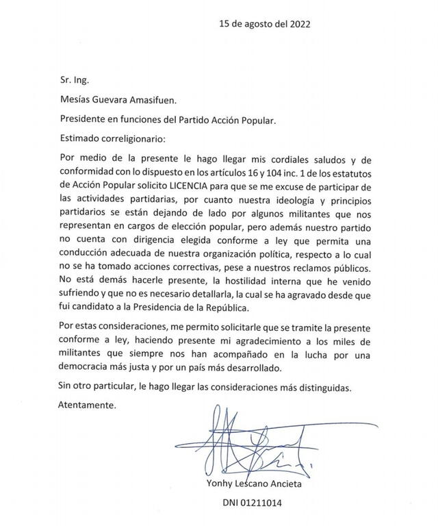 Lescano pide licencia a Acción Popular. Foto: captura de Twitter