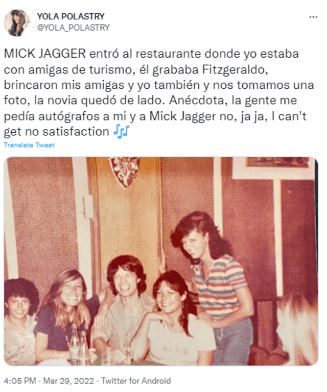 Yola Polastry se tomó foto con Mick Jagger. Foto: Yola Polastry/Twitter.