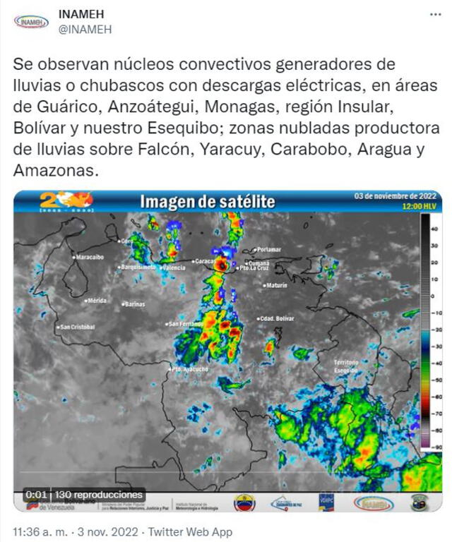 Pronóstico del Inameh HOY, jueves 3 de noviembre de 2022, para el territorio venezolano. Foto: captura Twitter