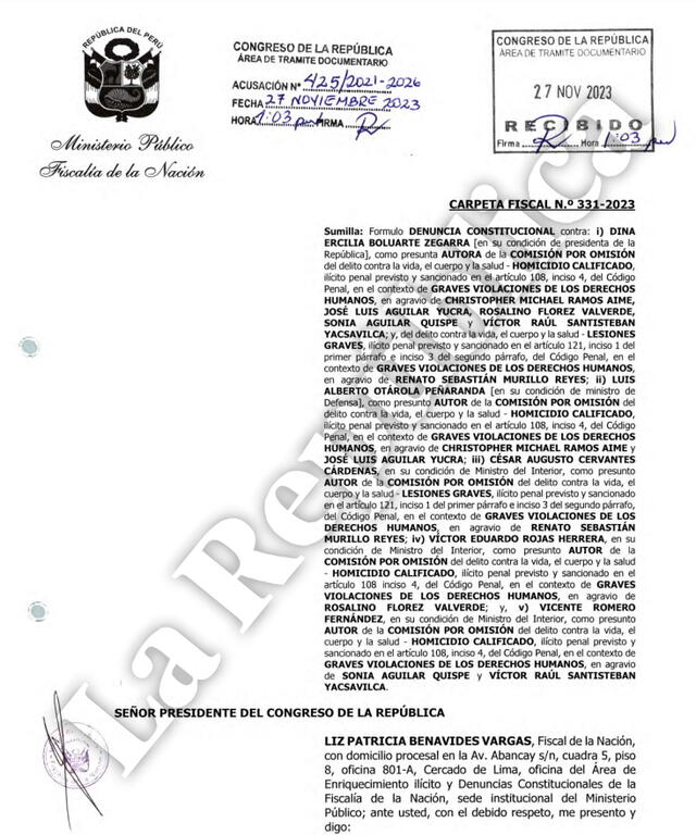 Denuncia Constitucional contra Boluarte. Foto: La República    